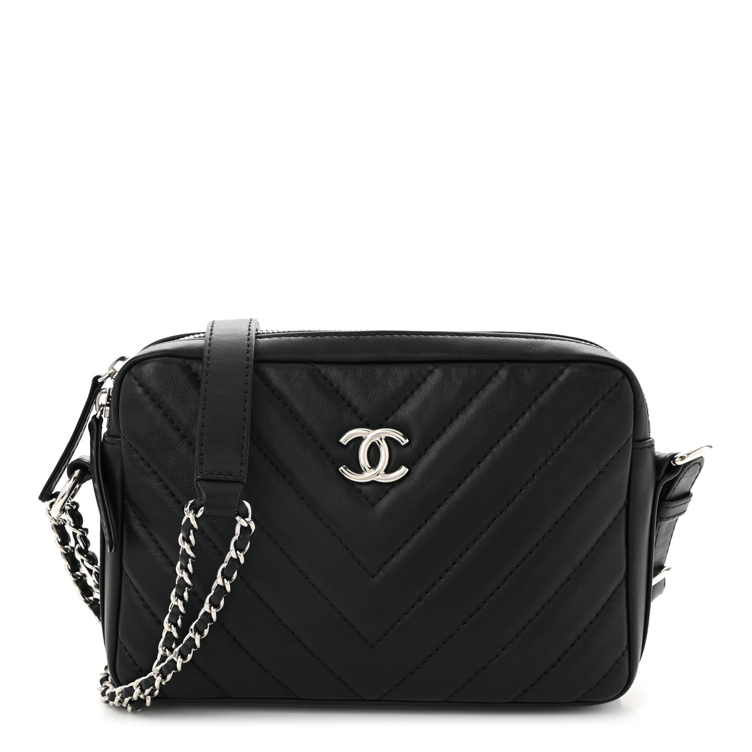 Lambskin Chevron Quilted Small Promenade Camera Black