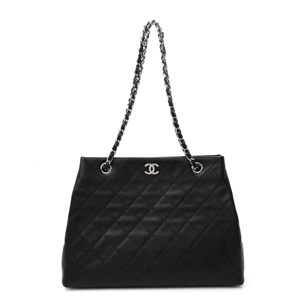 Caviar Quilted Small Shopping Tote Black
