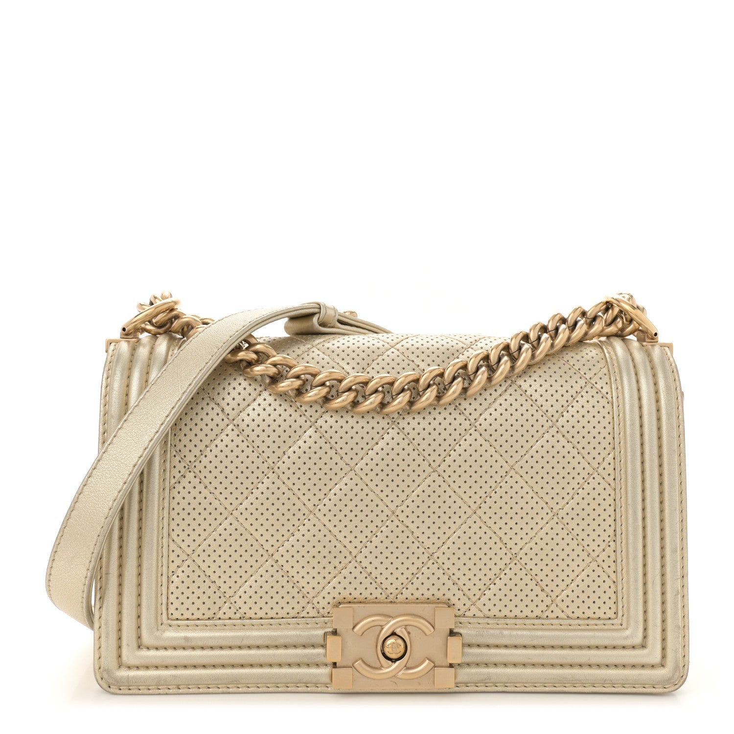 Metallic Perforated Lambskin Quilted Medium Boy Flap Gold