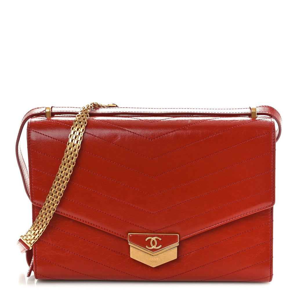 Calfskin Chevron Quilted Large Medal Flap Red