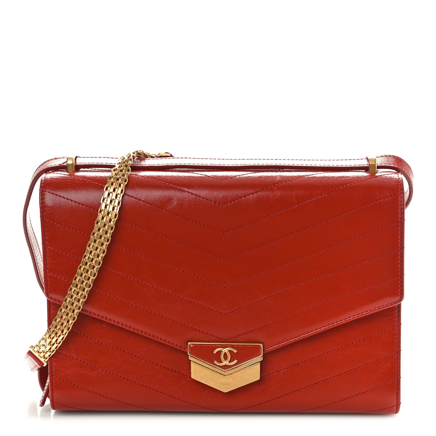 Calfskin Chevron Quilted Large Medal Flap Red
