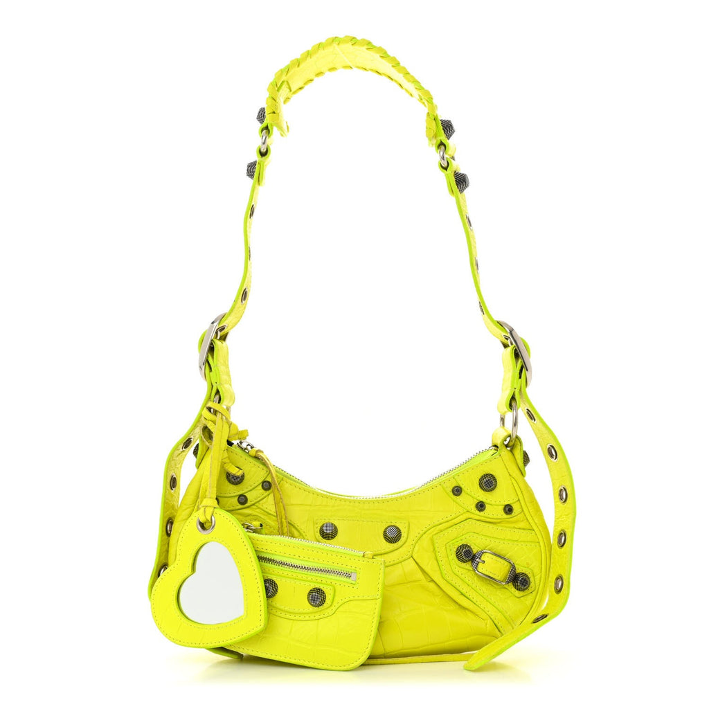 Extra Supple Calfskin Crocodile Embossed Le Cagole Shoulder Bag XS Fluo Yellow