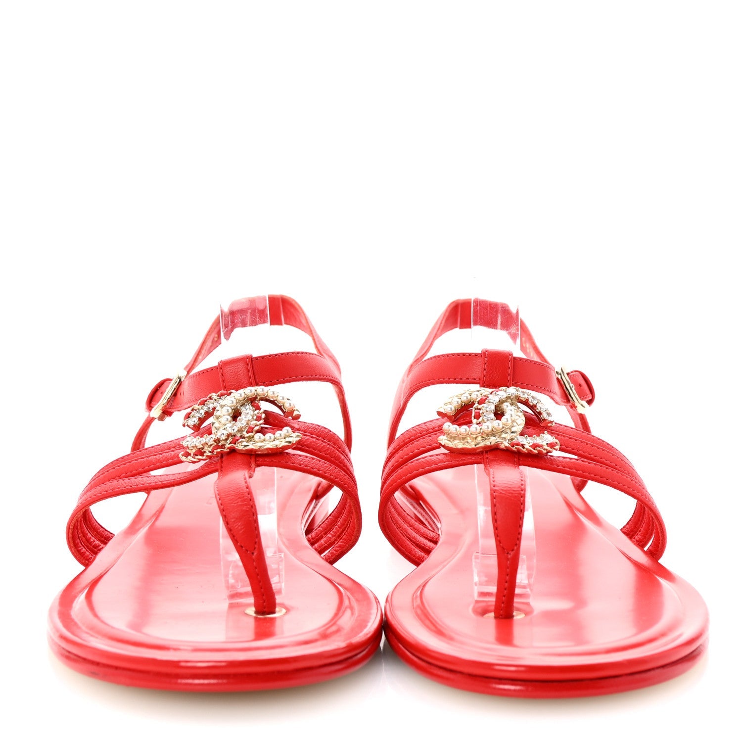 Lambskin Pearl Crystal CC Thong Sandals 38 Red
