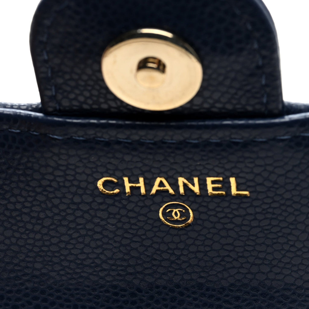Caviar Quilted Flap Phone Holder With Chain Navy Blue