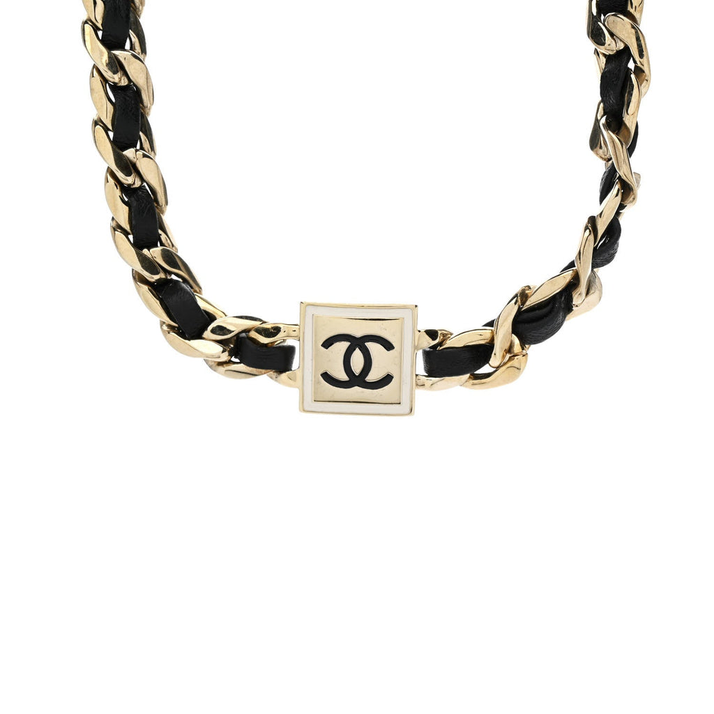 Metal Lambskin CC Square Choker Gold Black White