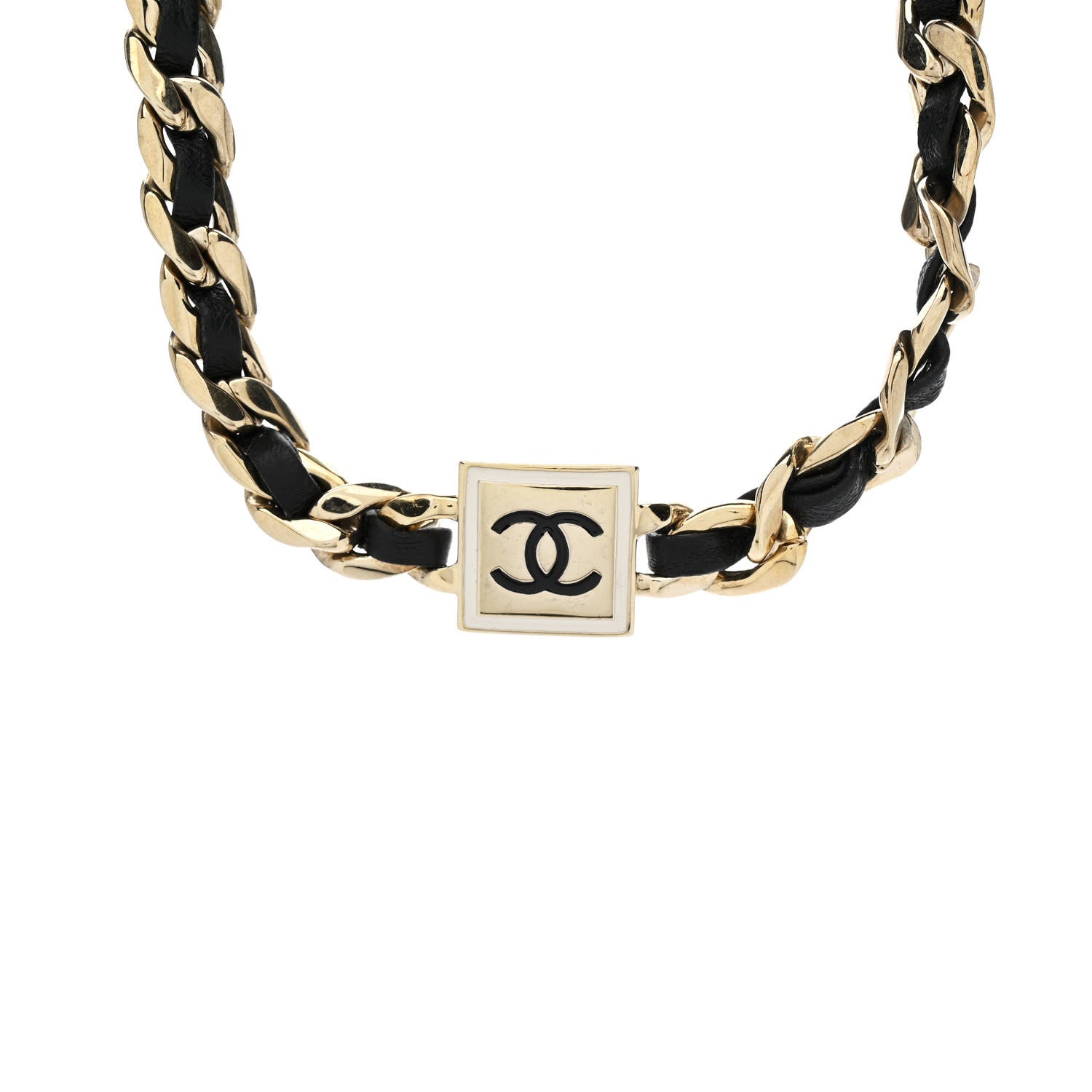 Metal Lambskin CC Square Choker Gold Black White