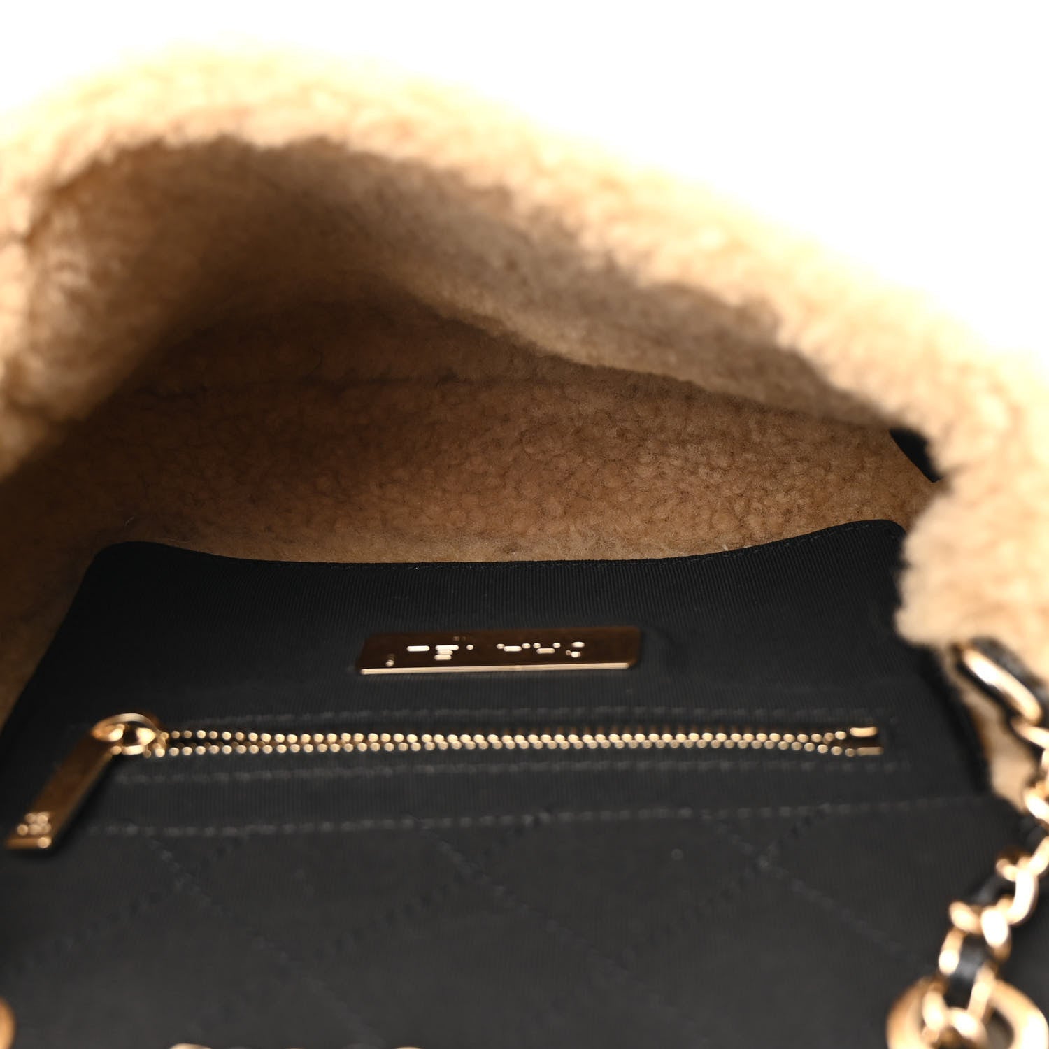 Shiny Crumpled Sheepskin Shearling CC Mania Flap Bag Black Beige