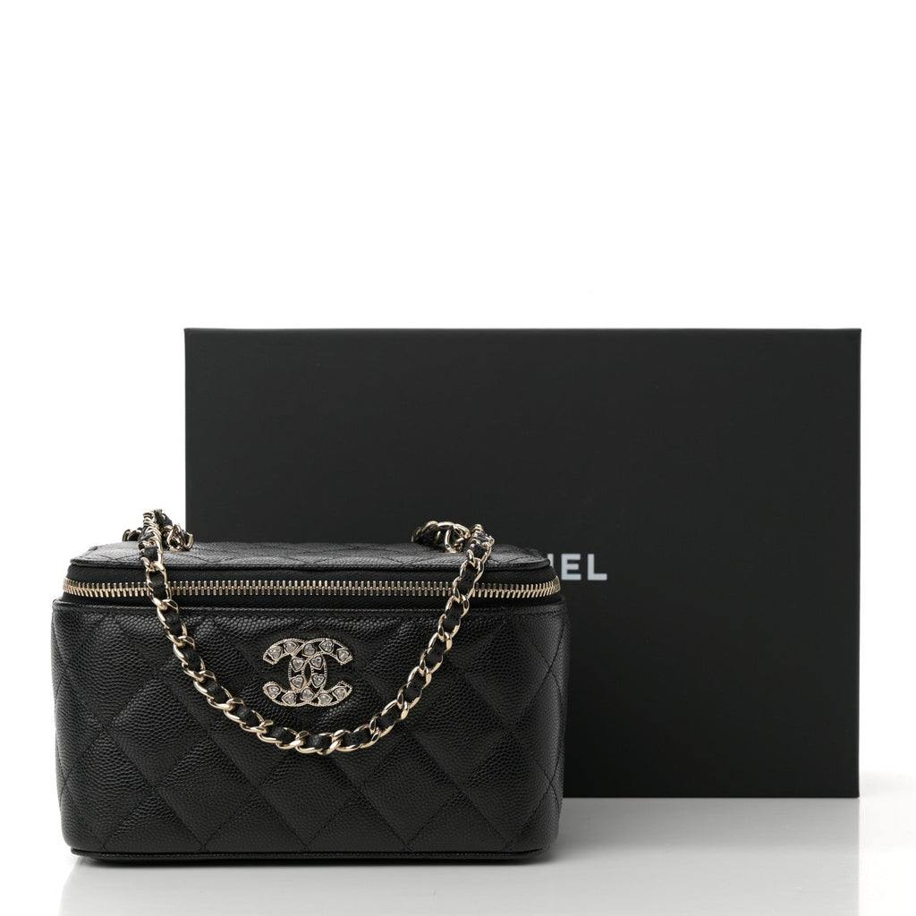 Caviar Quilted Crystal Hearts Small Vanity Case With Chain Black