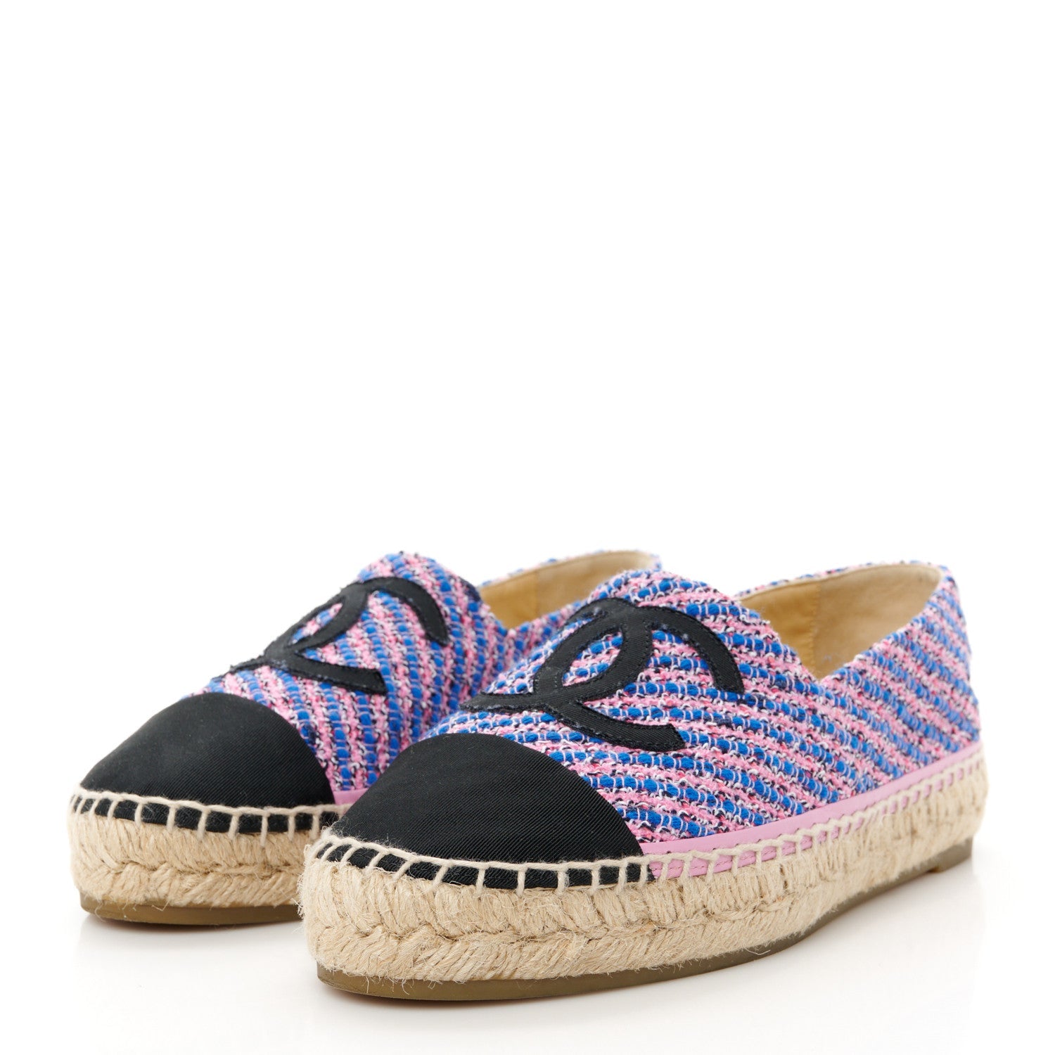 Tweed Grosgrain CC Espadrilles 38 Blue Pink Black White