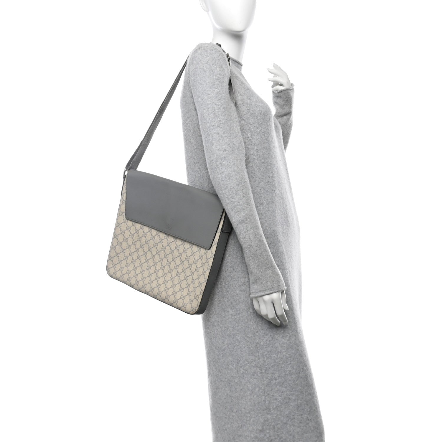 GG Supreme Monogram Selleria Calfskin Satchel Messenger Bag Ecru Grigio