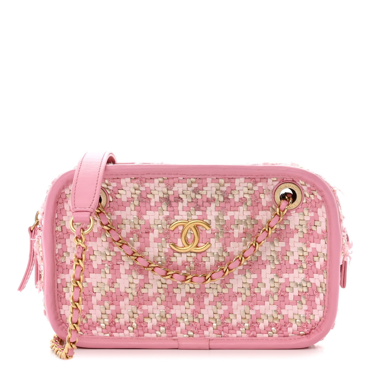 Metallic Lambskin Viscose Woven Camera Case Rose Beige