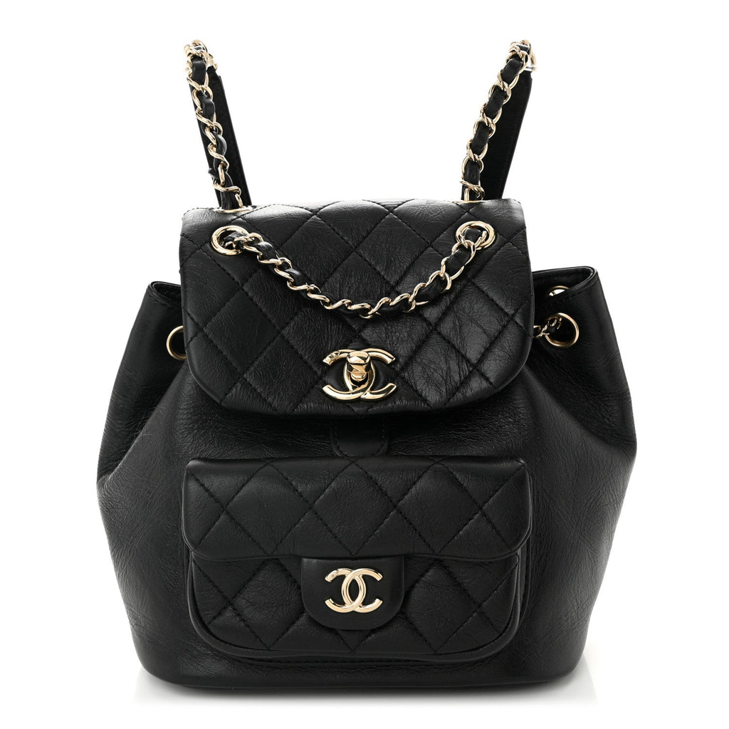 Glazed Aged Calfskin Quilted Small Duma Drawstring Backpack Black