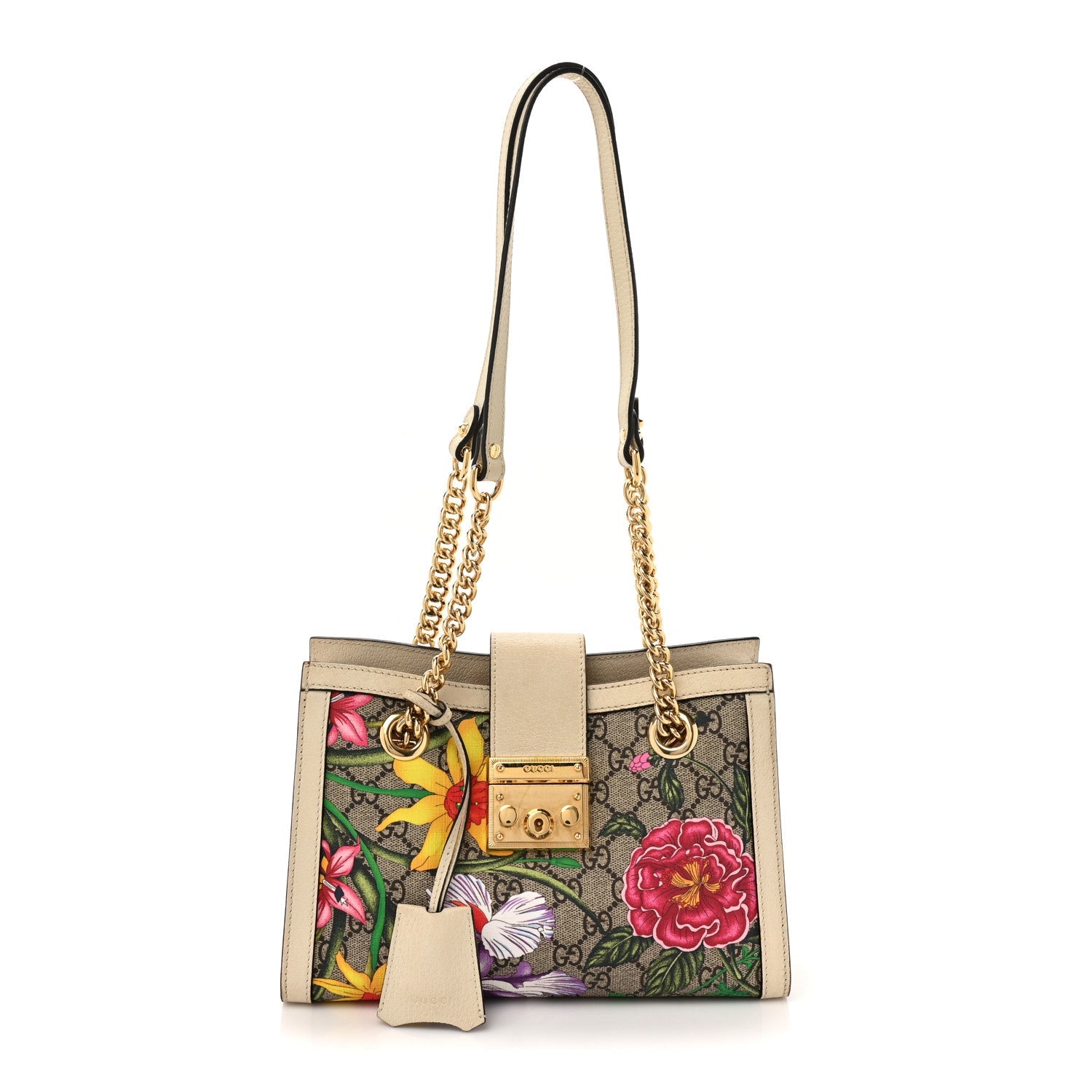 GG Supreme Monogram Flora Textured Calfskin Small Padlock Tote Beige Ebony Multicolor Mystic White