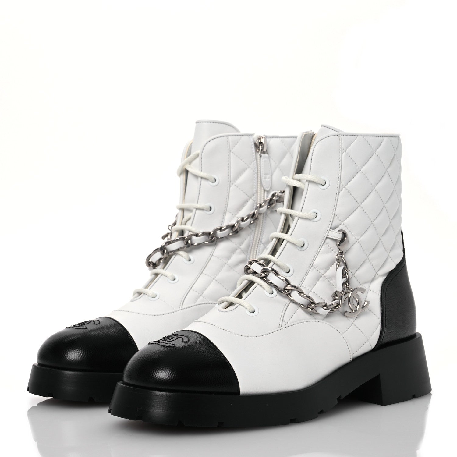 Caviar Calfskin Quilted Chain Lace Up Combat Boots 41 White Black