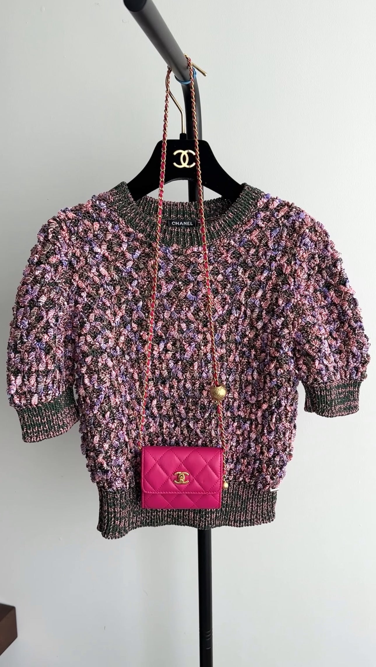 Chanel 2015 Pink and Green Textured Knit Short Sleeve Pullover - FR36 / 4