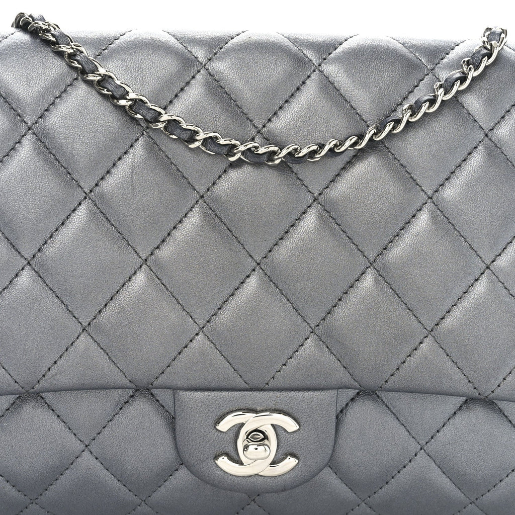 Metallic Lambskin Quilted Clutch With Chain Flap   Dark Grey