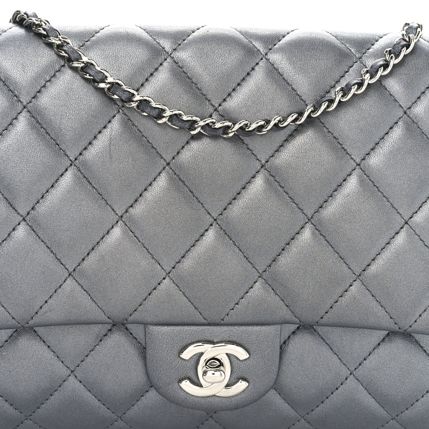 Metallic Lambskin Quilted Clutch With Chain Flap   Dark Grey