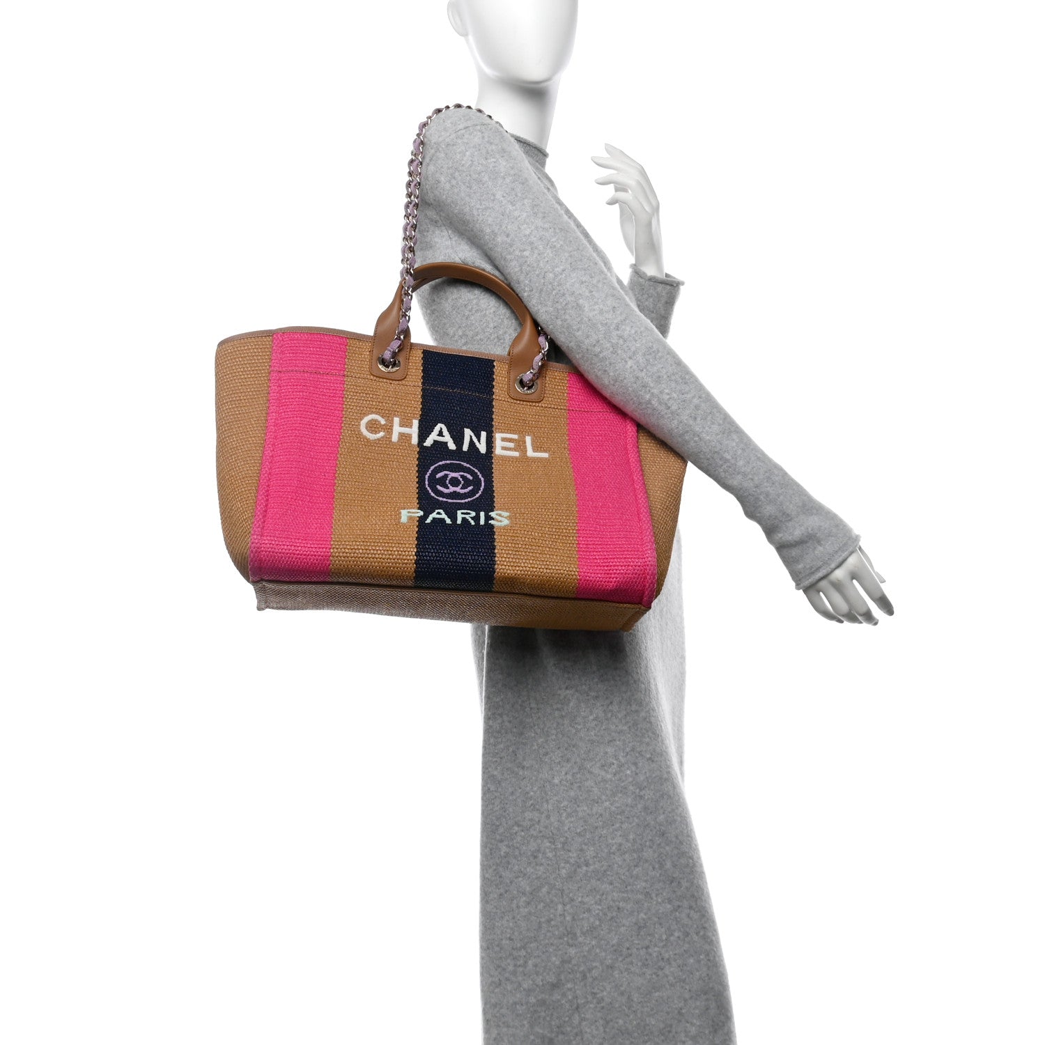 Straw Raffia Calfskin Striped Medium Deauville Tote Dark Beige Fuchsia Navy Blue