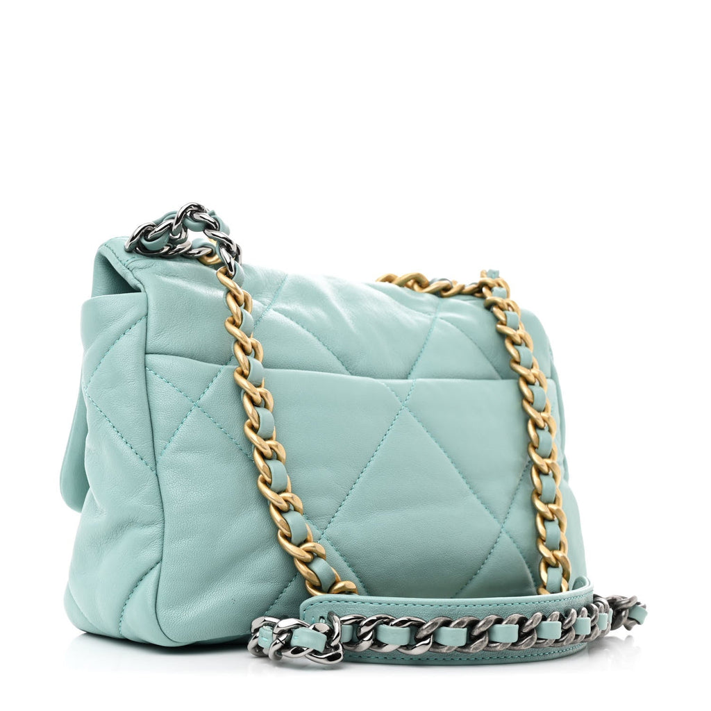 Shiny Lambskin Quilted Medium Chanel 19 Flap Neon Blue