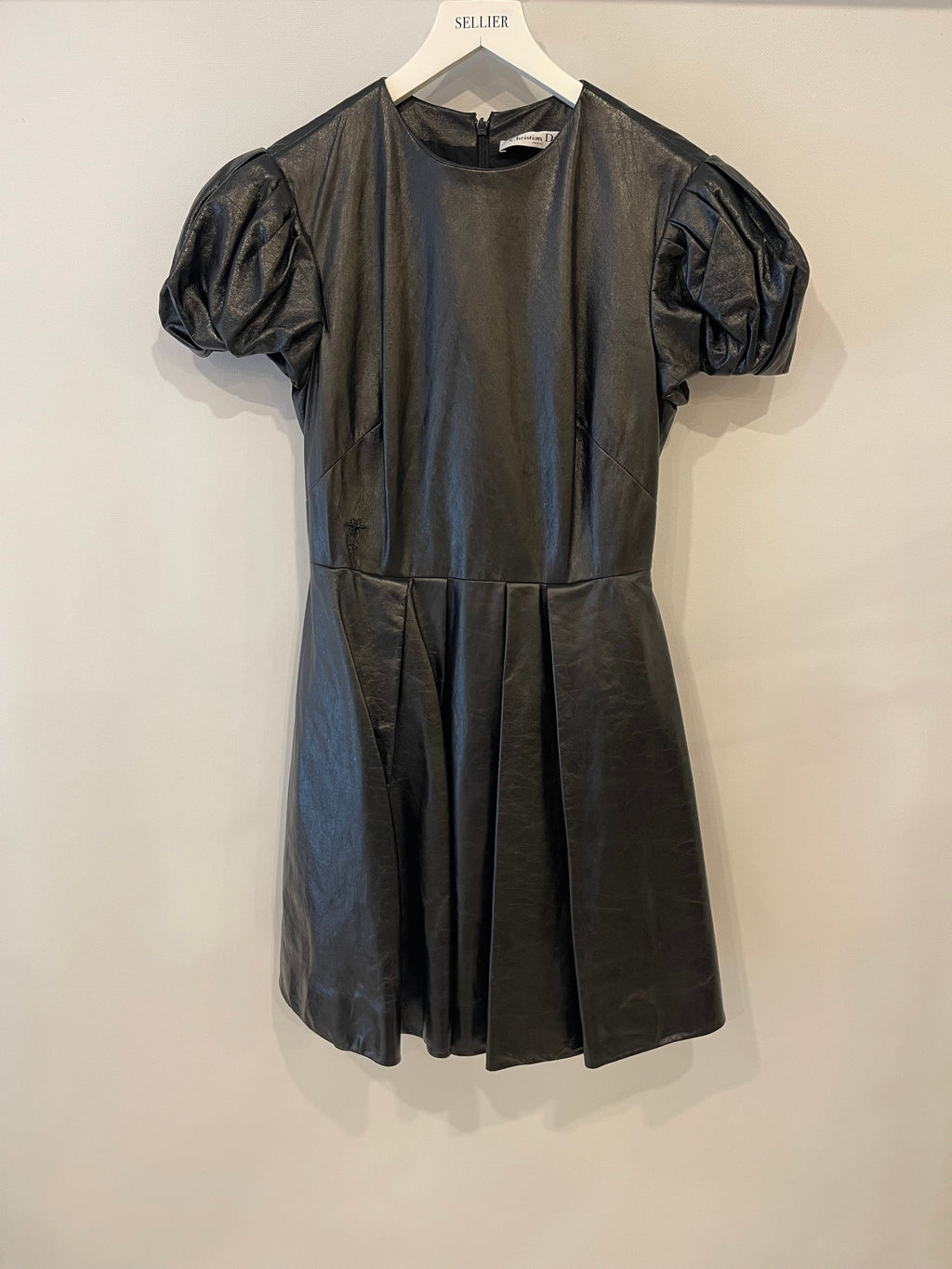 Christian Dior Black Leather Mini Short Sleeve Dress with CD Logo Detail Size FR 38 (UK 10)