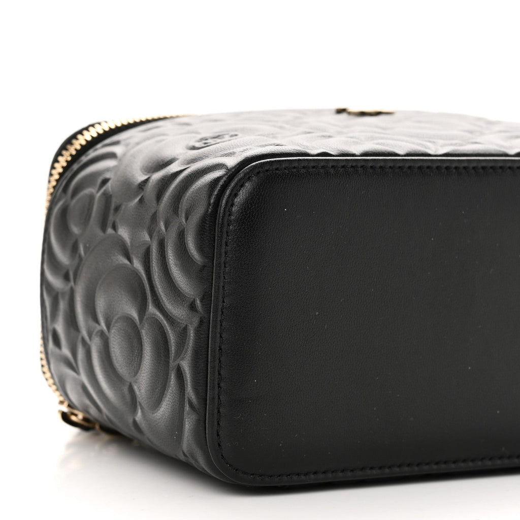 Lambskin Camellia Embossed Small Vanity Case With Chain Black