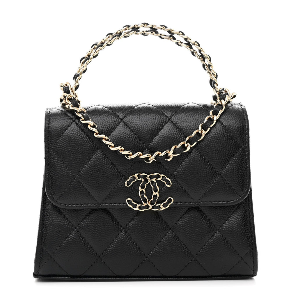 Caviar Quilted Double Chain Top Handle Flap With Chain Black