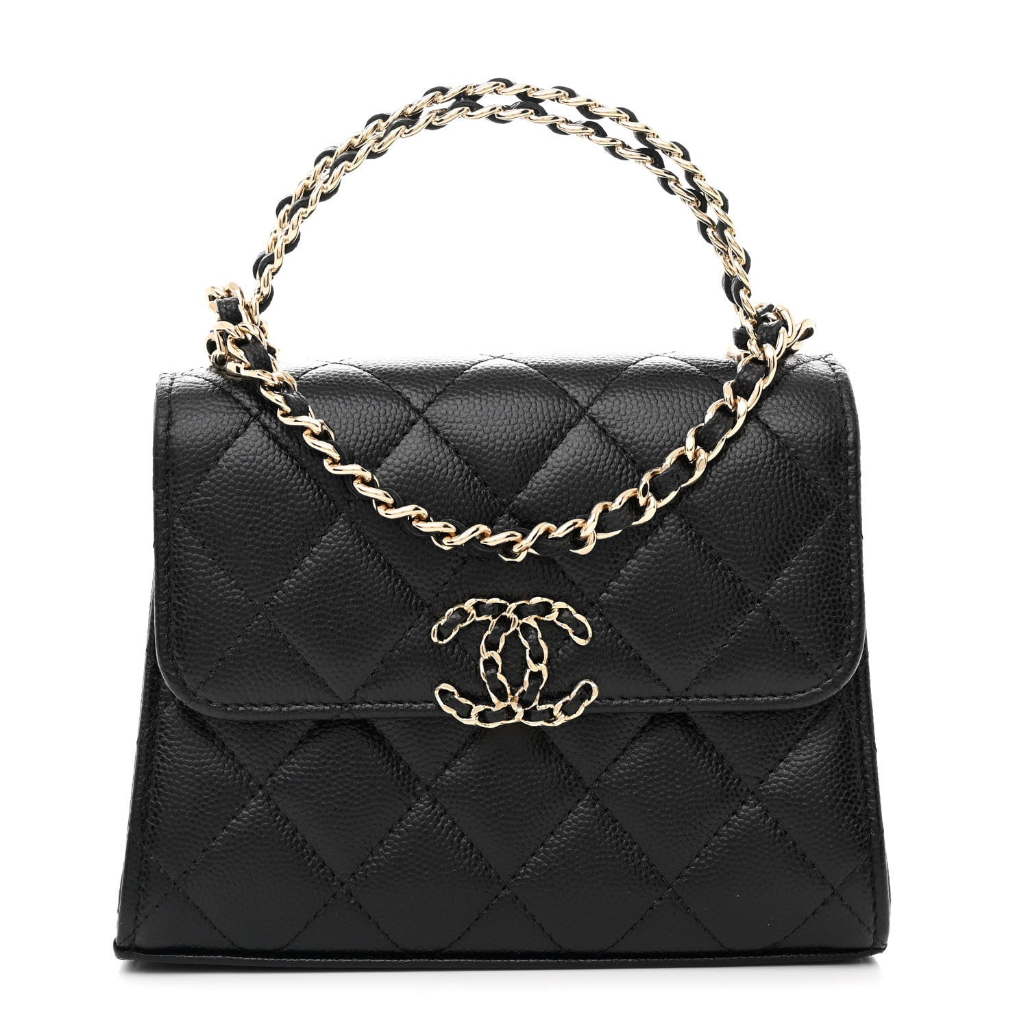 Caviar Quilted Double Chain Top Handle Flap With Chain Black