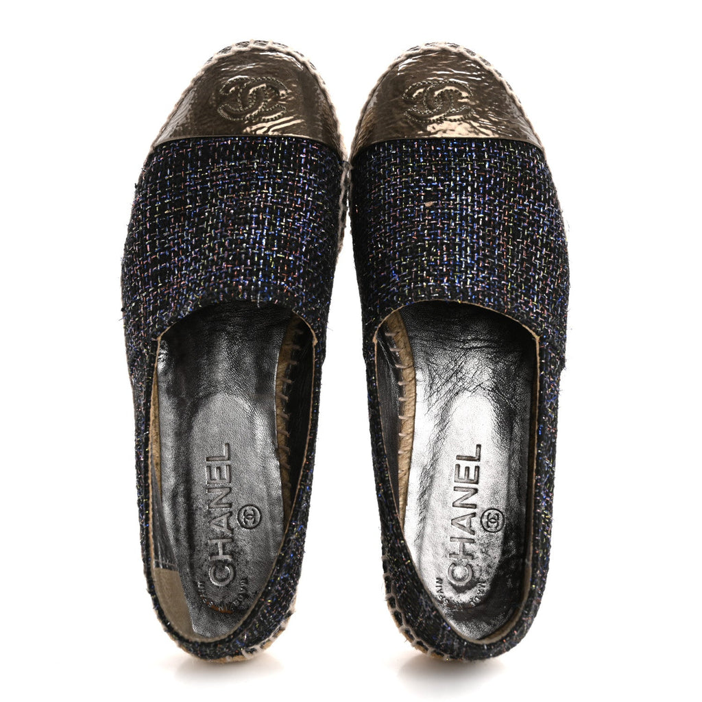 Metallic Tweed Patent CC Espadrilles 37 Black Silver
