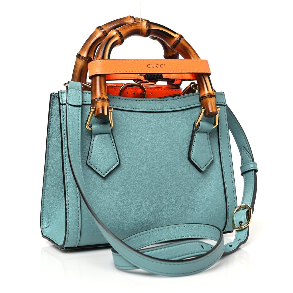 Textured Dollar Calfskin Web Mini Diana Tote Bag Dusty Azure Deep Orange