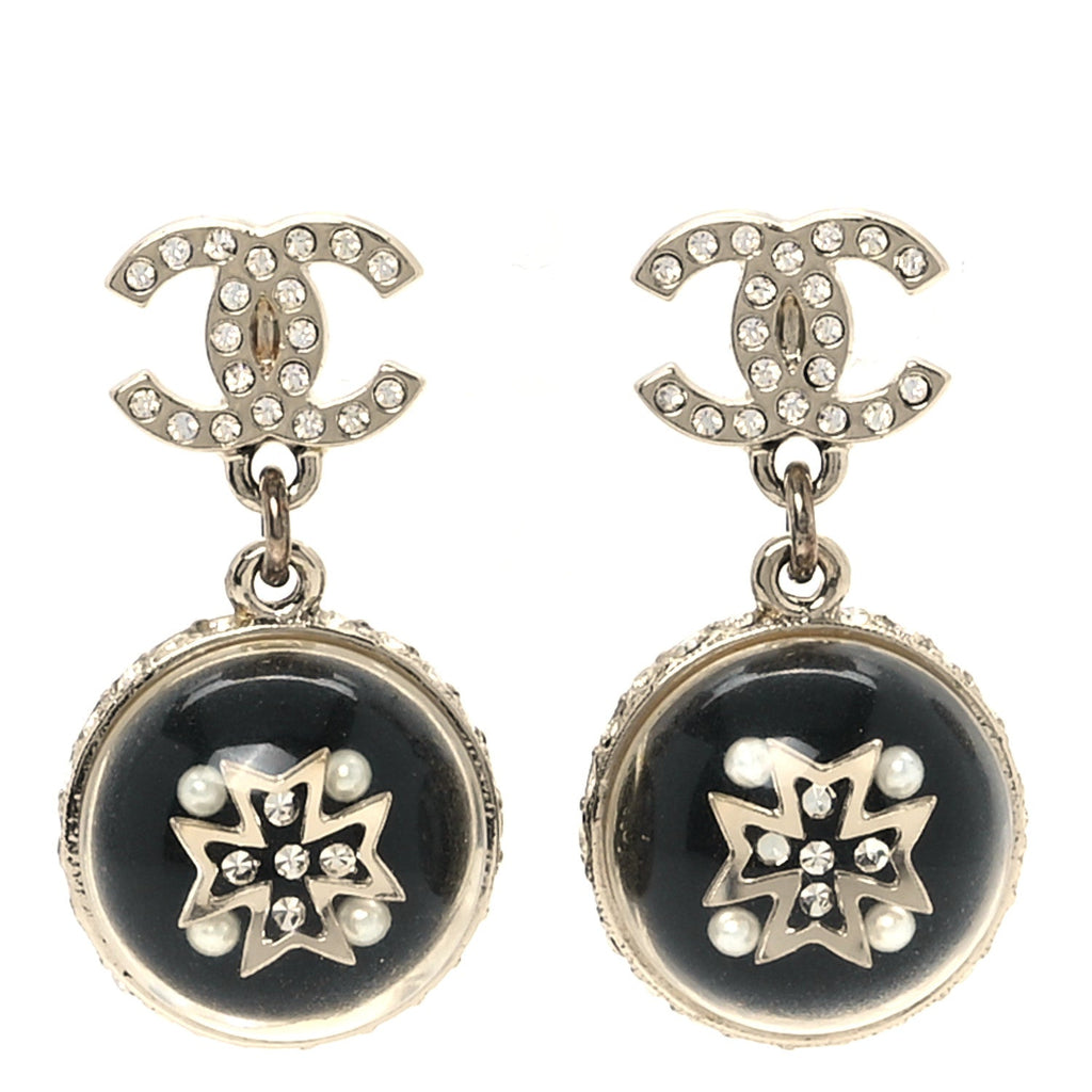 Resin Crystal Pearl CC Ball Drop Earrings Black Gold