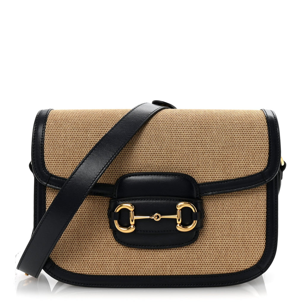 Vintage Rice Canvas Plutone Calfskin Horsebit 1955 Shoulder Bag Beige Blue