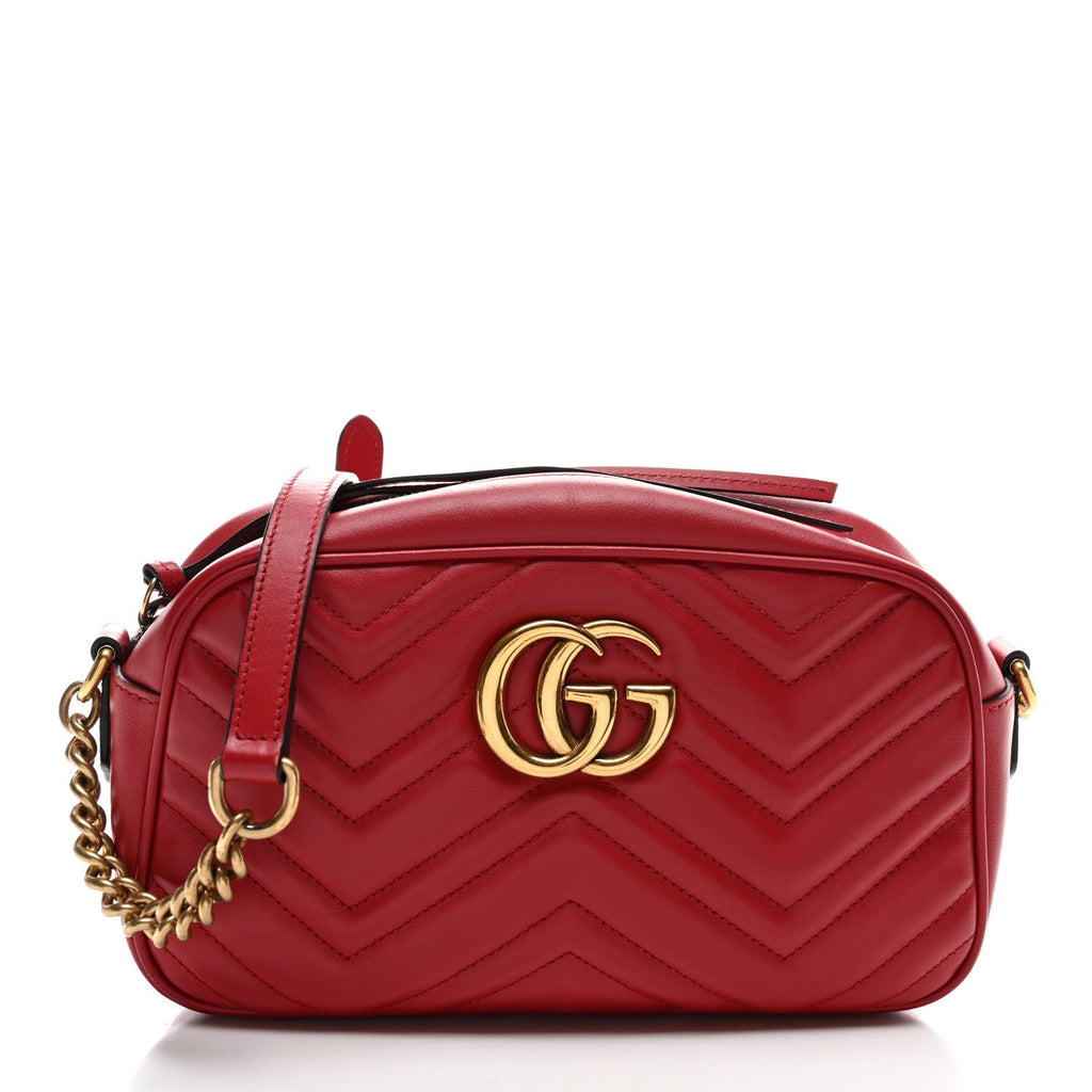 Calfskin Matelasse Small GG Marmont Chain Shoulder Bag Hibiscus Red