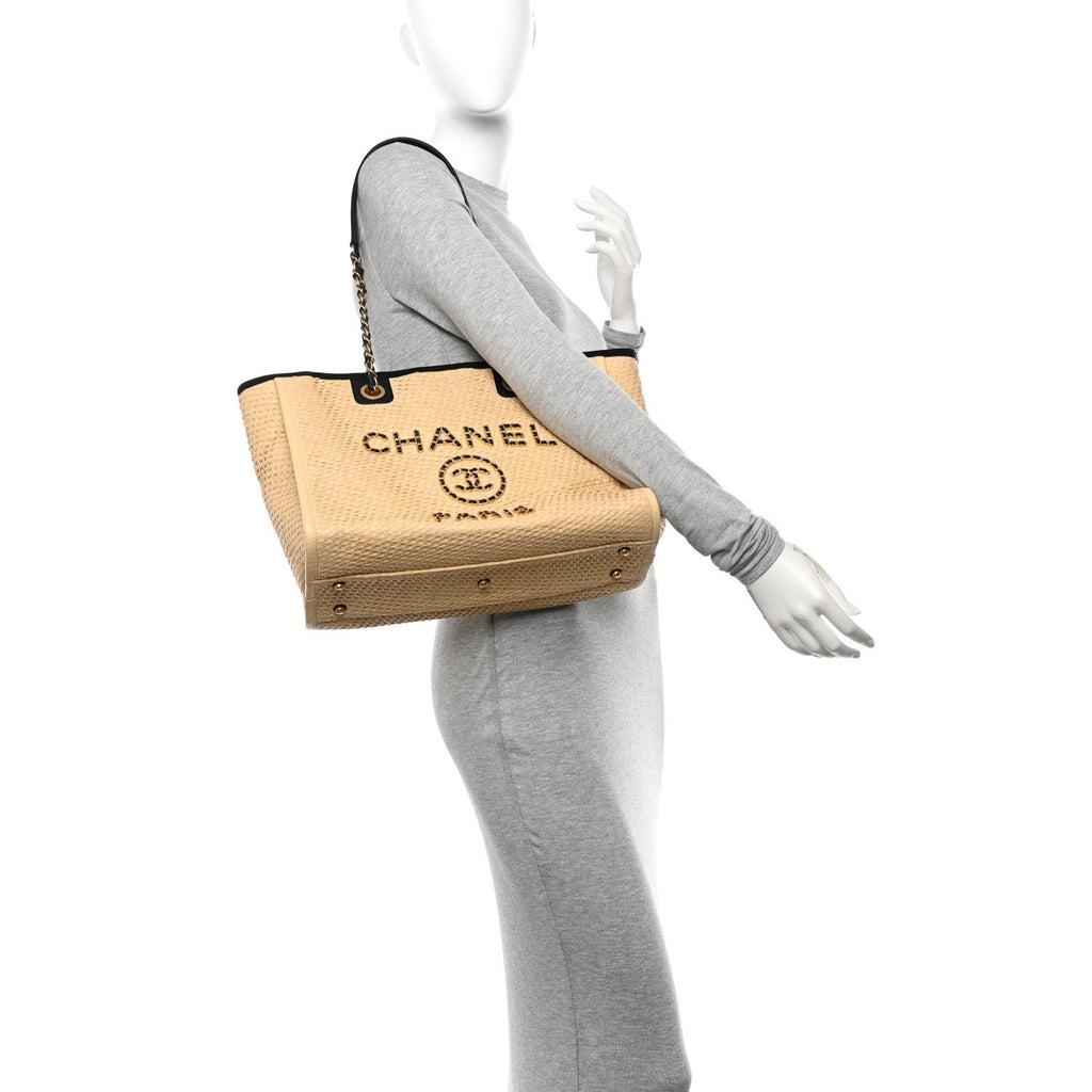Straw Raffia Calfskin Chain Small Deauville Tote Beige Black