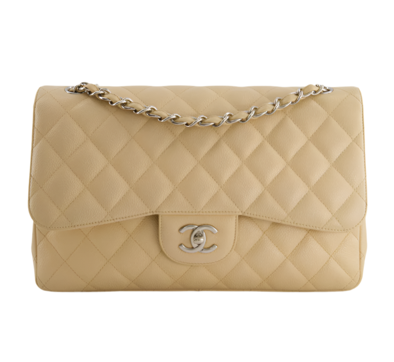 Chanel timeless Flap Bag Beige Jumbo Size Caviar Leather with Silver Hardware