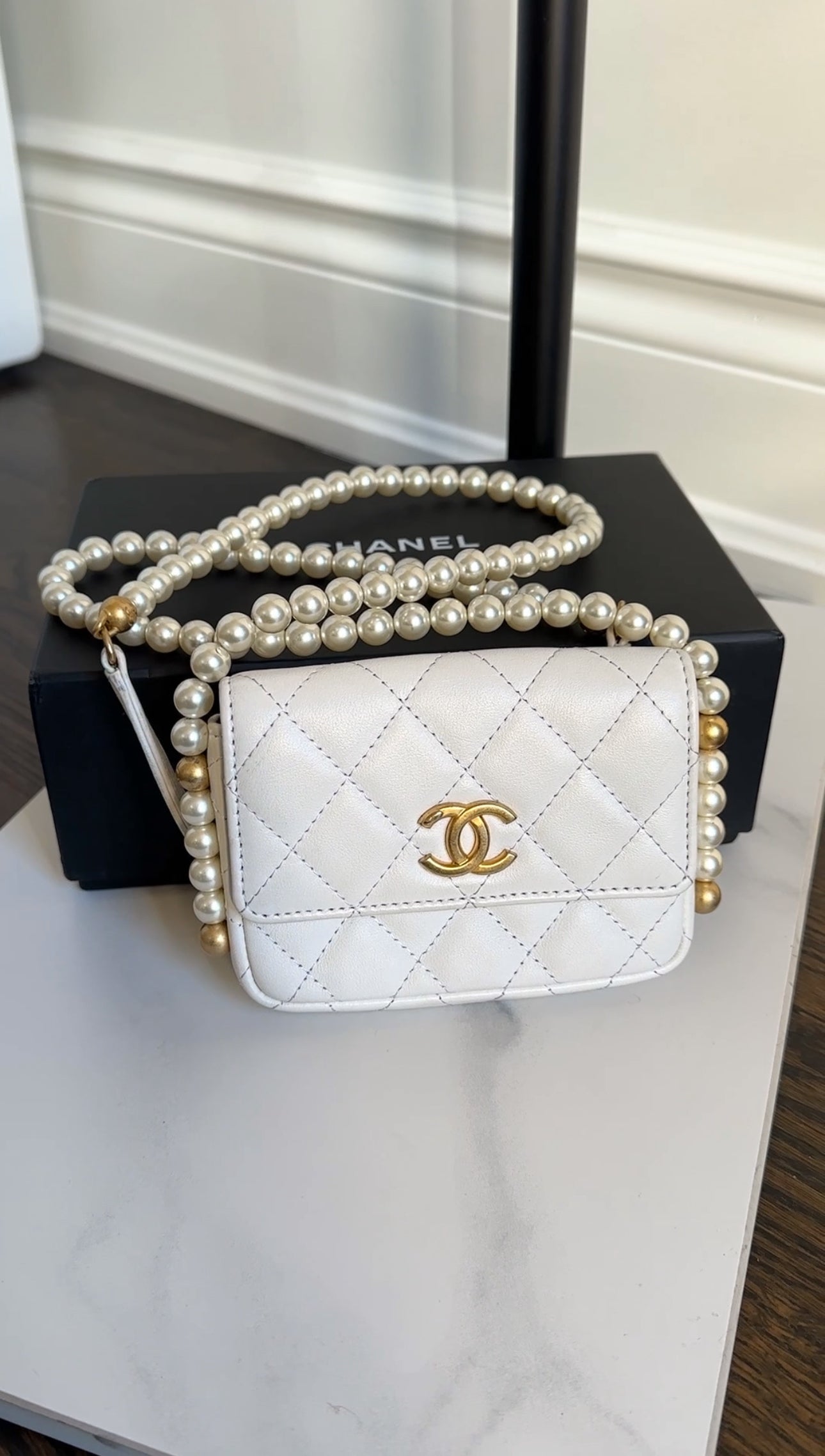 Chanel Ivory White About Pearls Mini  Holder on Strap
