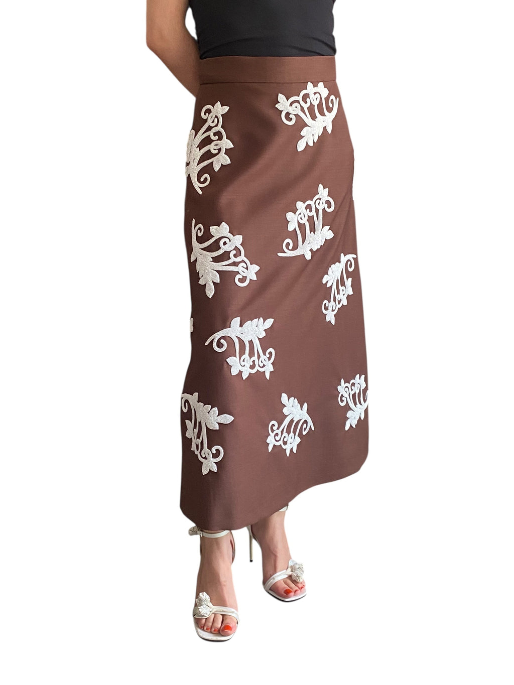 Prada Brown Mohair Floral Sequin Embellished Skirt -  42