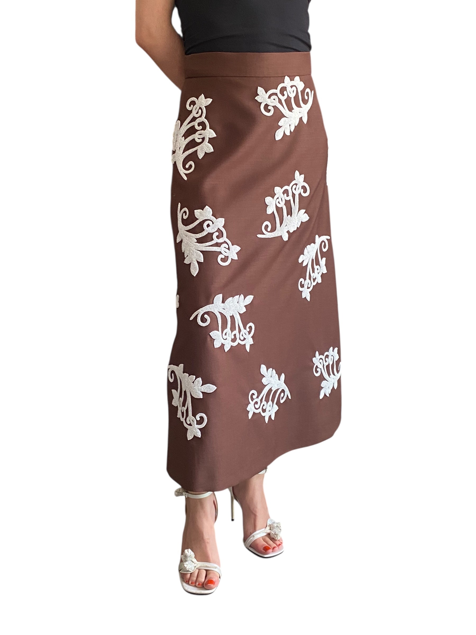 Prada Brown Mohair Floral Sequin Embellished Skirt -  42