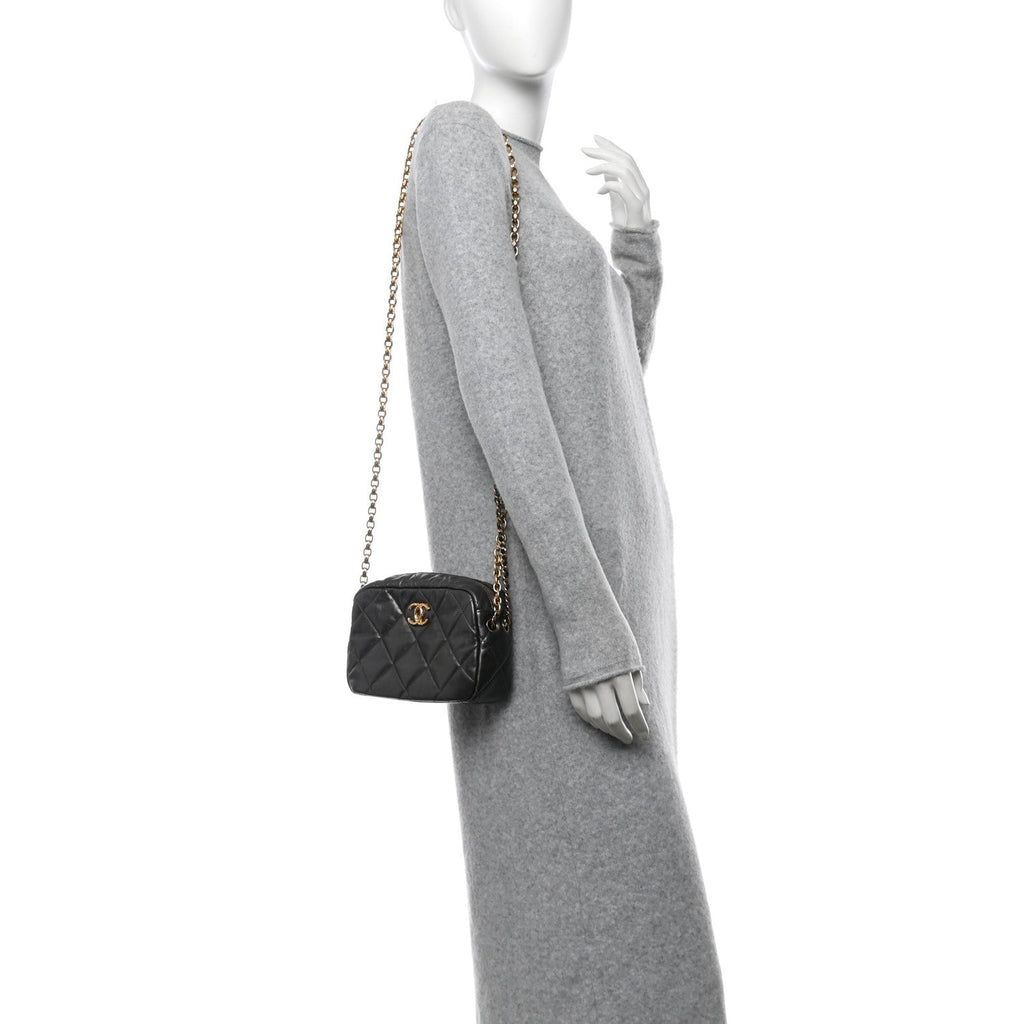 Metallic Calfskin Pearl Quilted CC Mini Camera Case Ruthenium