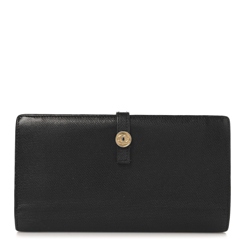 Grained Calfskin CC Button Long Wallet Black