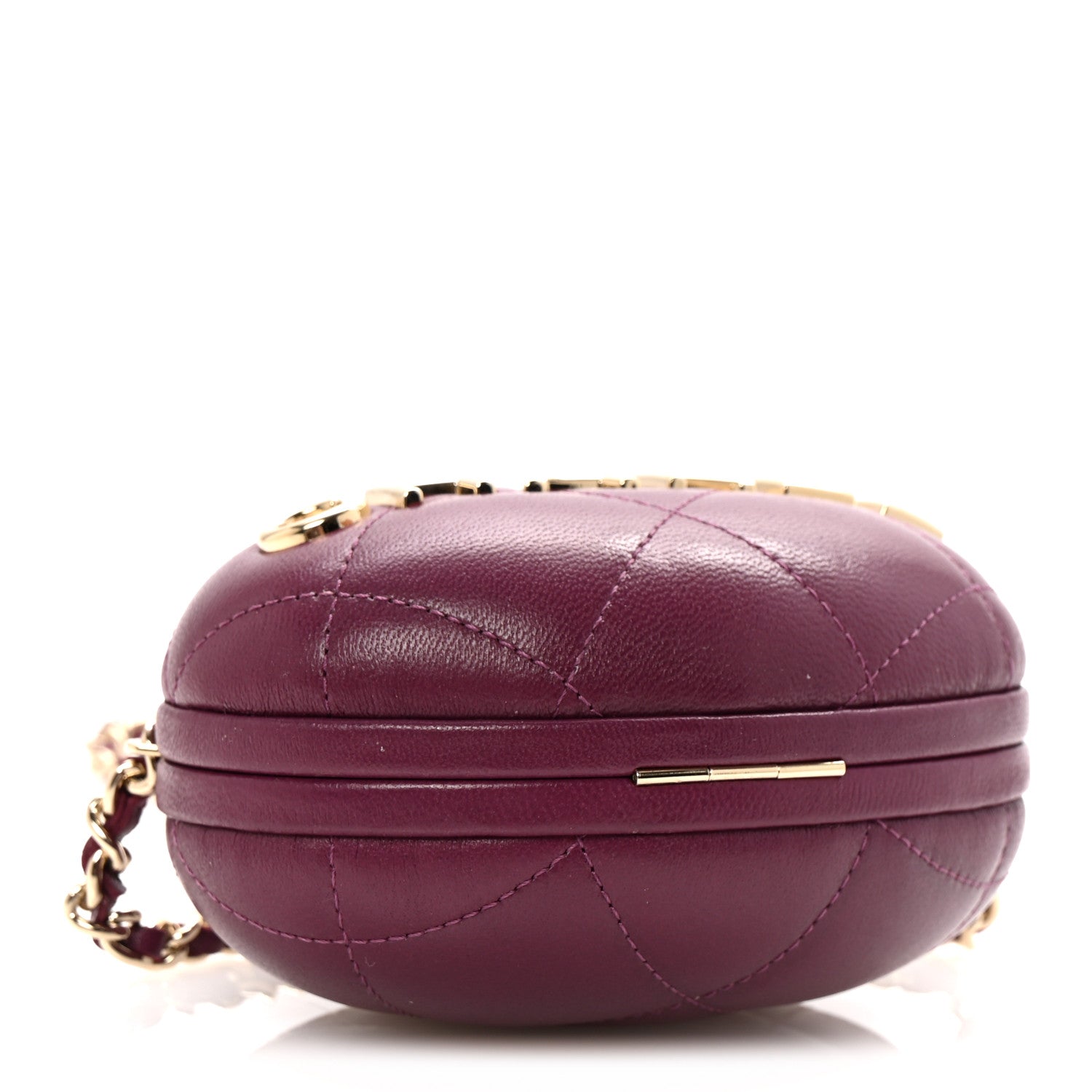 Lambskin Quilted Oval Minaudiere Chain Clutch Purple
