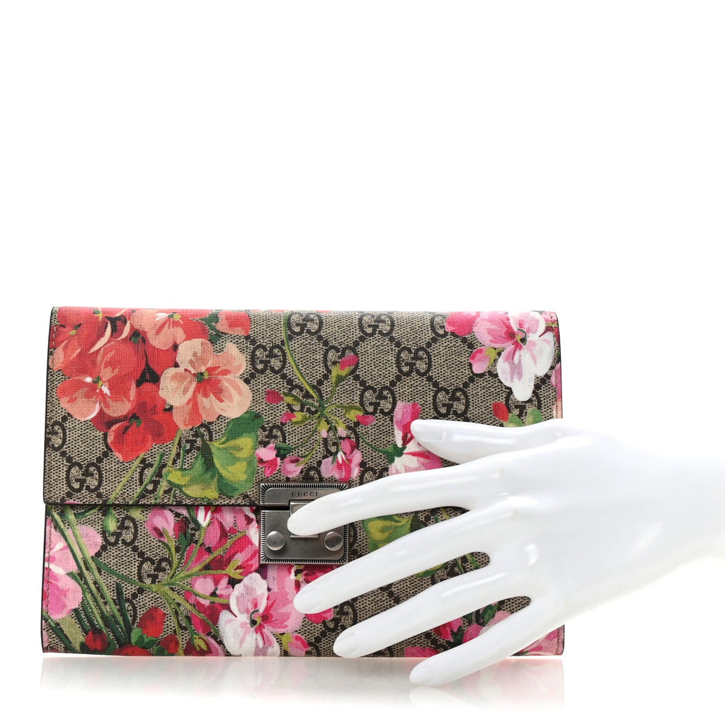 GG Supreme Monogram Blooms Padlock Clutch Beige Multicolor Dry Rose