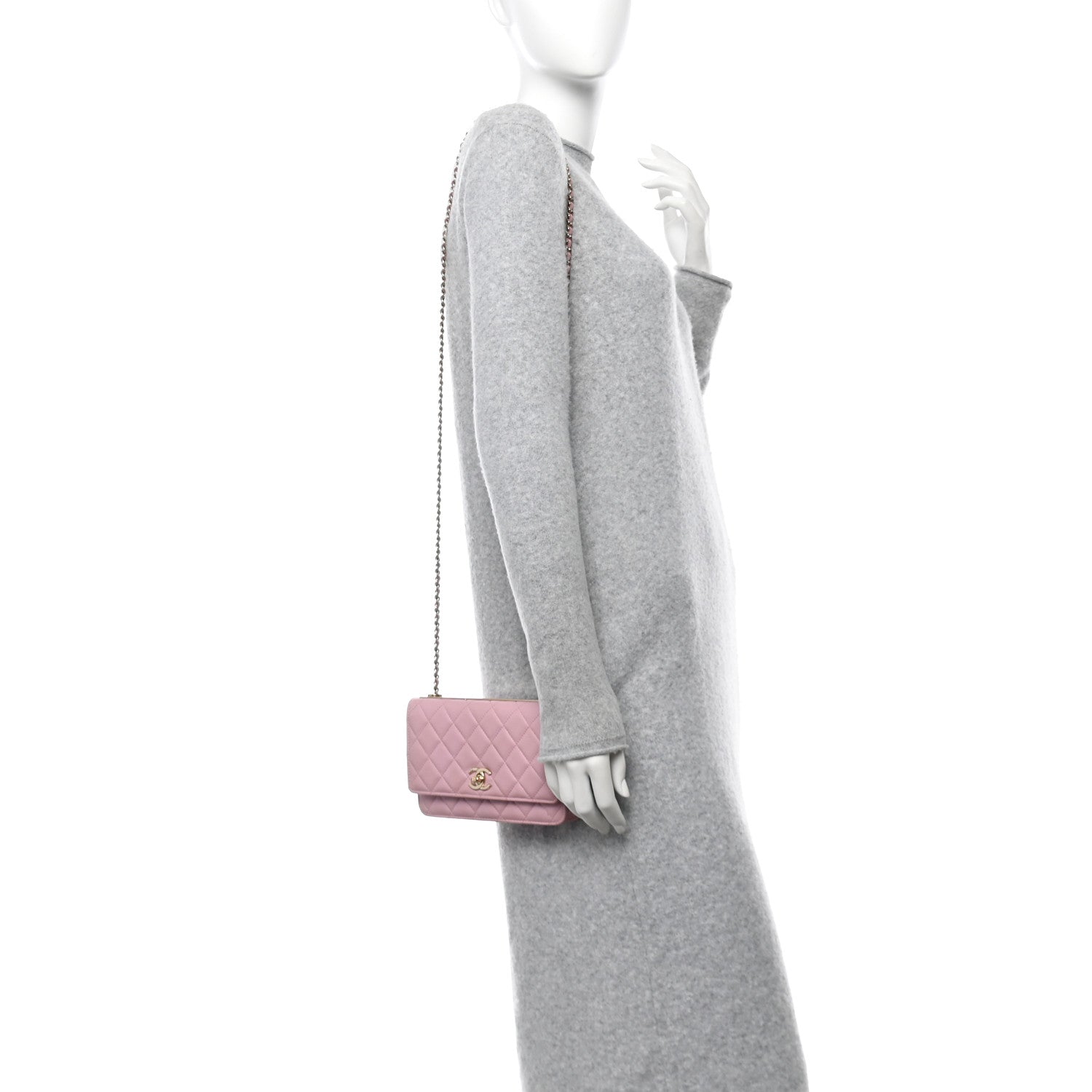Lambskin Quilted Trendy CC Wallet On Chain WOC Pink