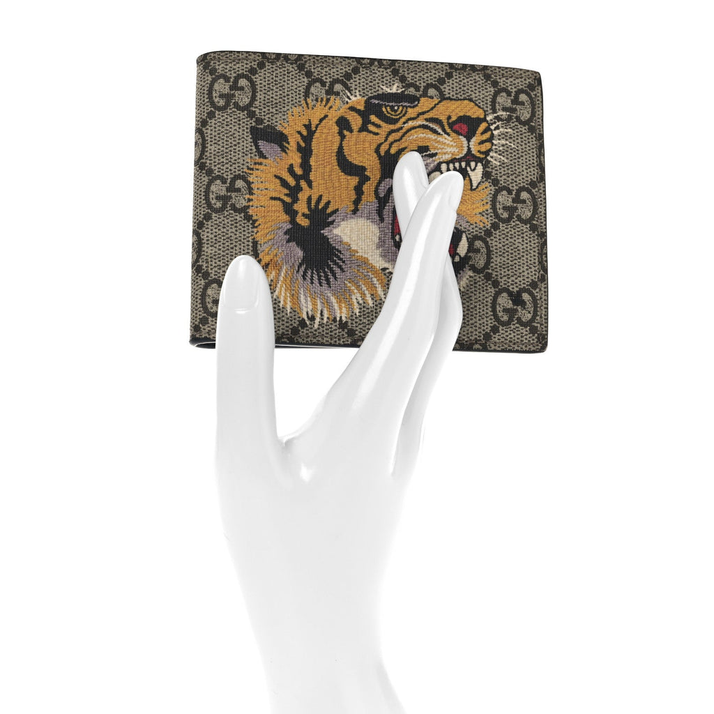 GG Supreme Monogram Selleria Calfskin Tiger Nice Bi-Fold Wallet Beige Ebony Multicolor Black