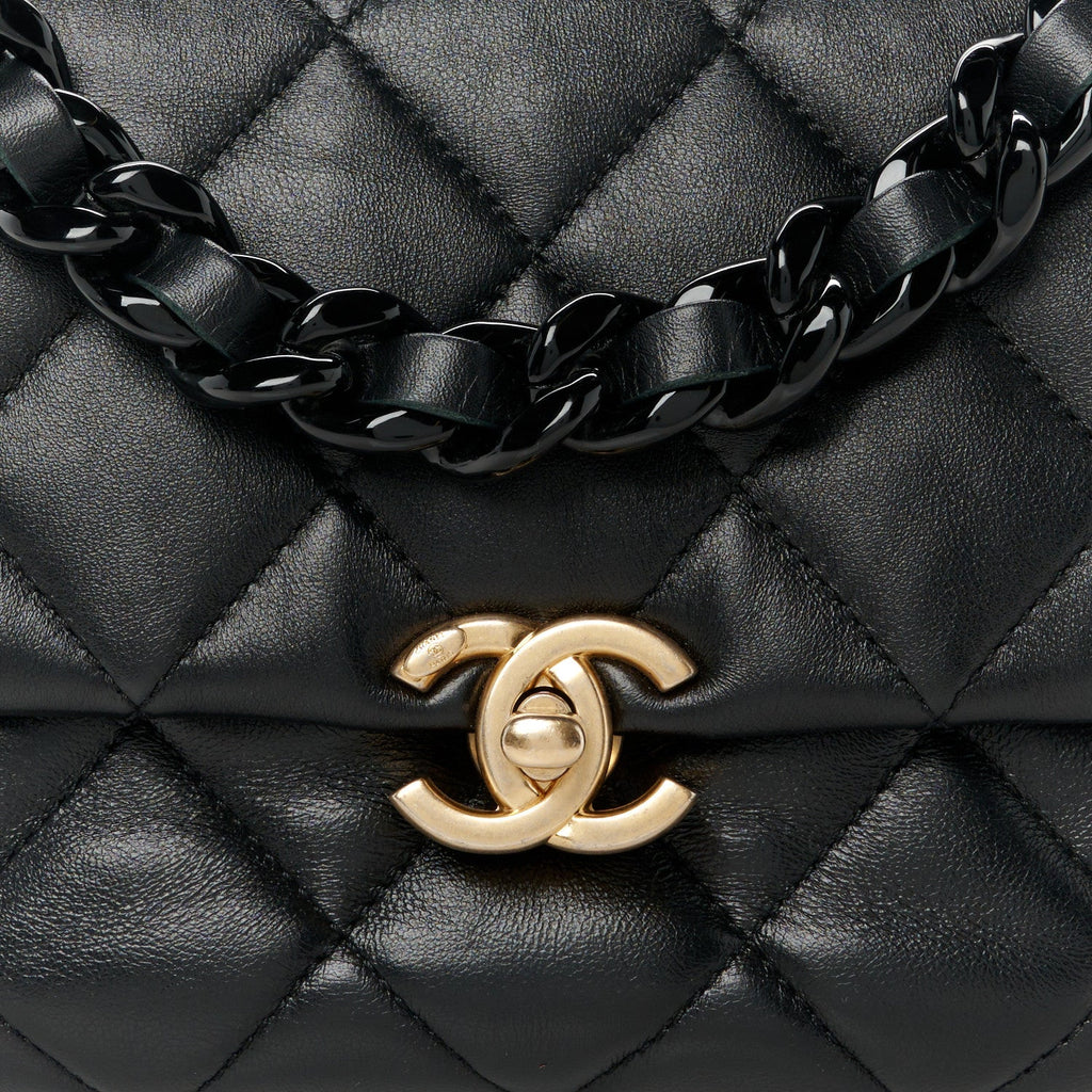 Lambskin Quilted Mini Lacquered Chain Flap Black
