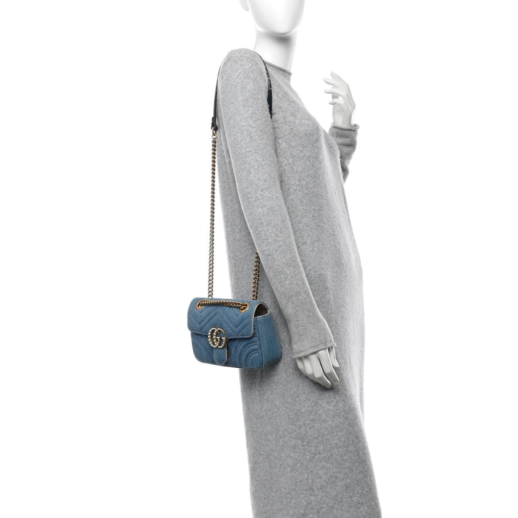 Denim Matelasse Mini Pearly GG Marmont Shoulder Bag Blue