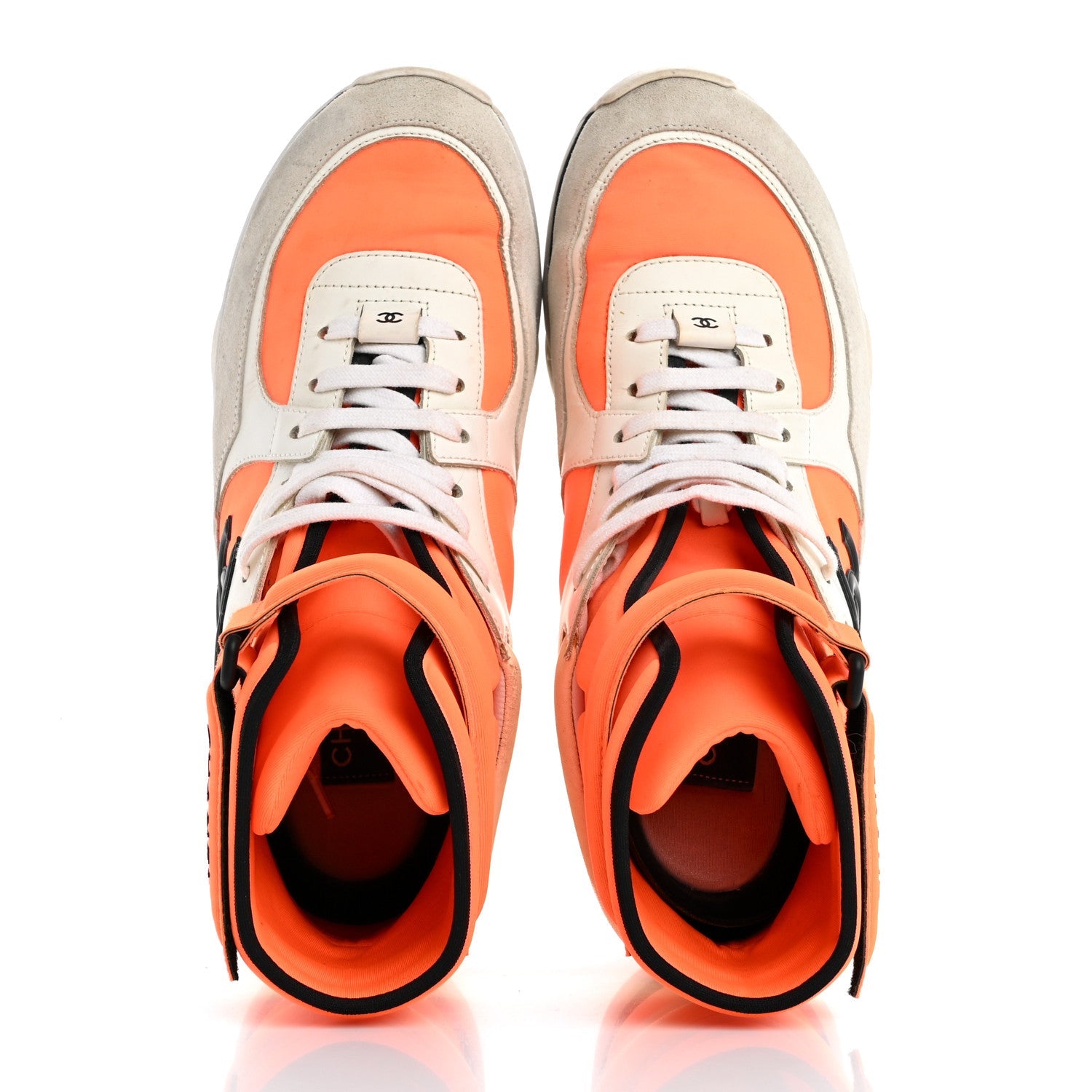 Suede Calfskin Lambskin Neoprene High Top CC Sneakers 40 White Fluo Orange