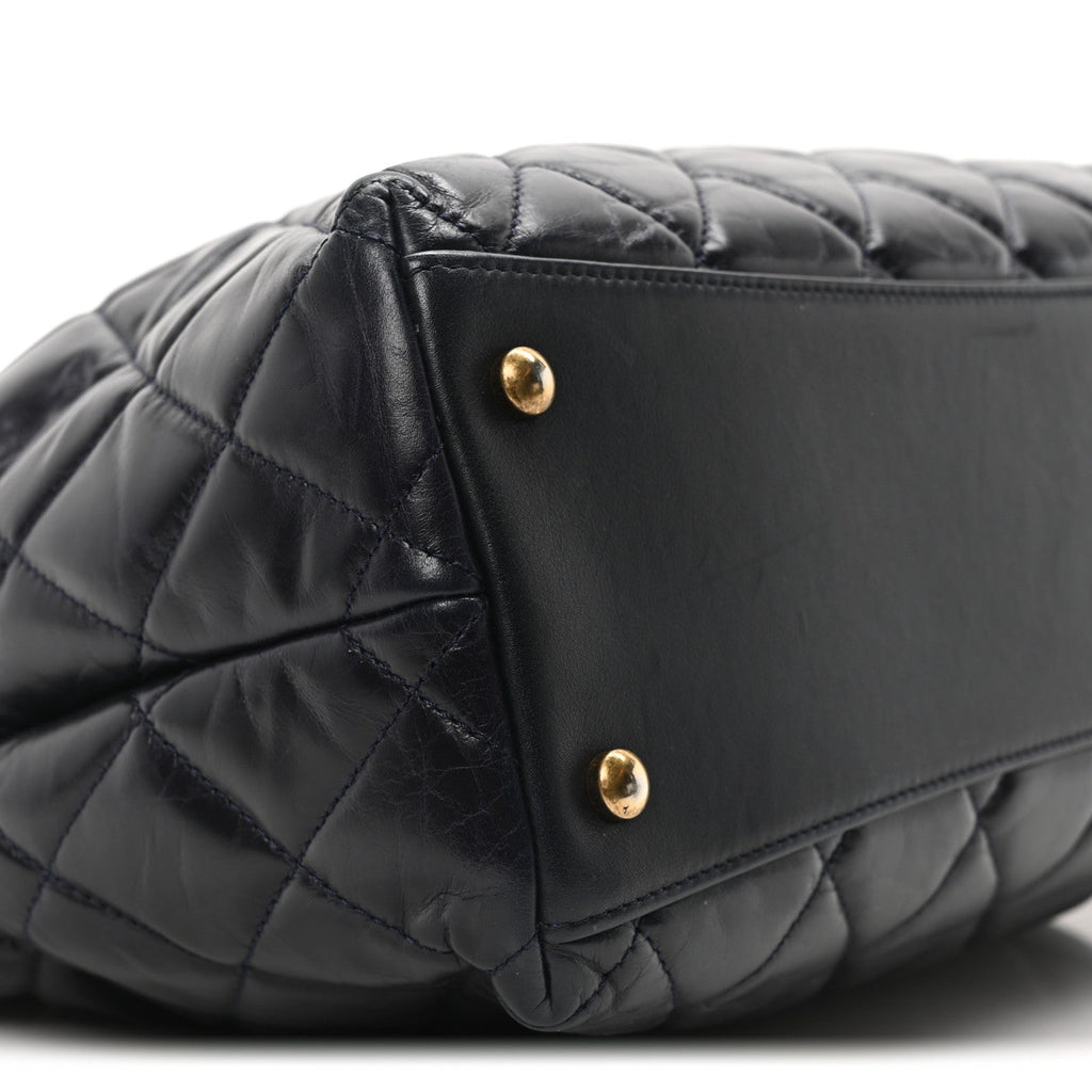 Calfskin Quilted Large Gold Bar Top Handle Tote Dark Navy Blue