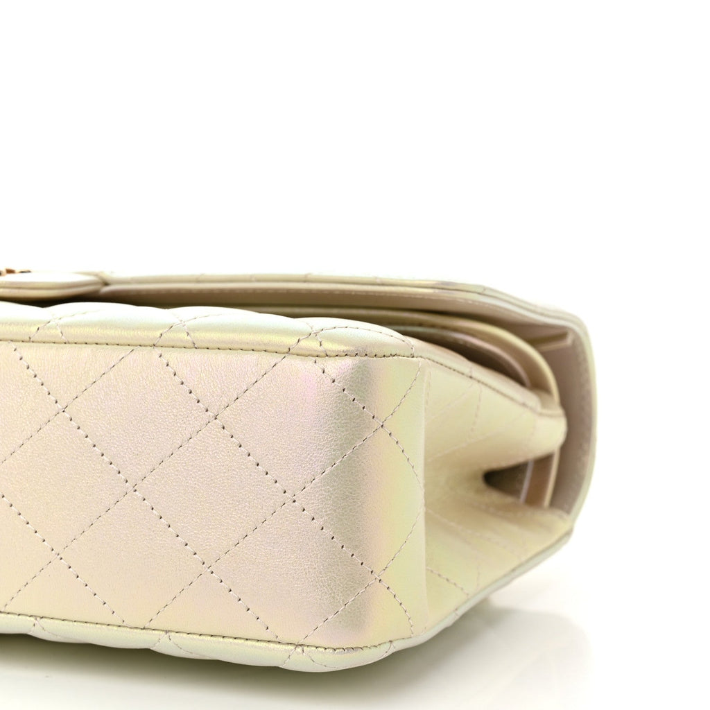 Iridescent Lambskin Quilted Medium Double Flap Ivory