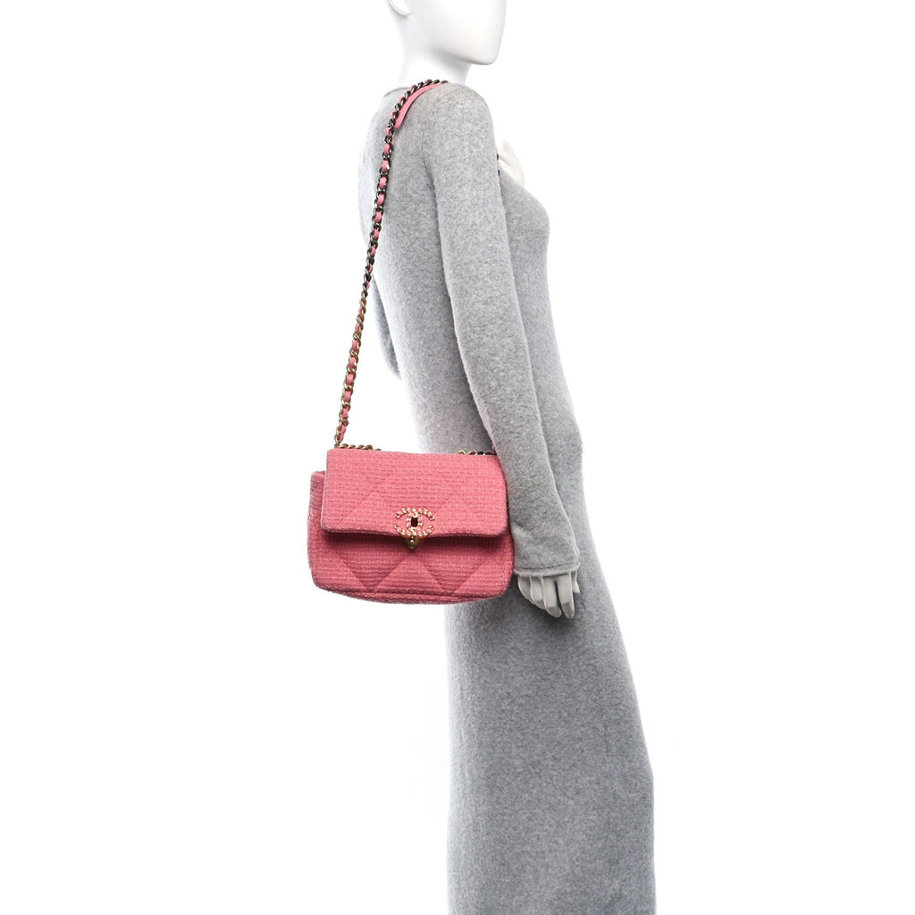 Metallic Tweed Quilted Medium Chanel 19 Flap Pink