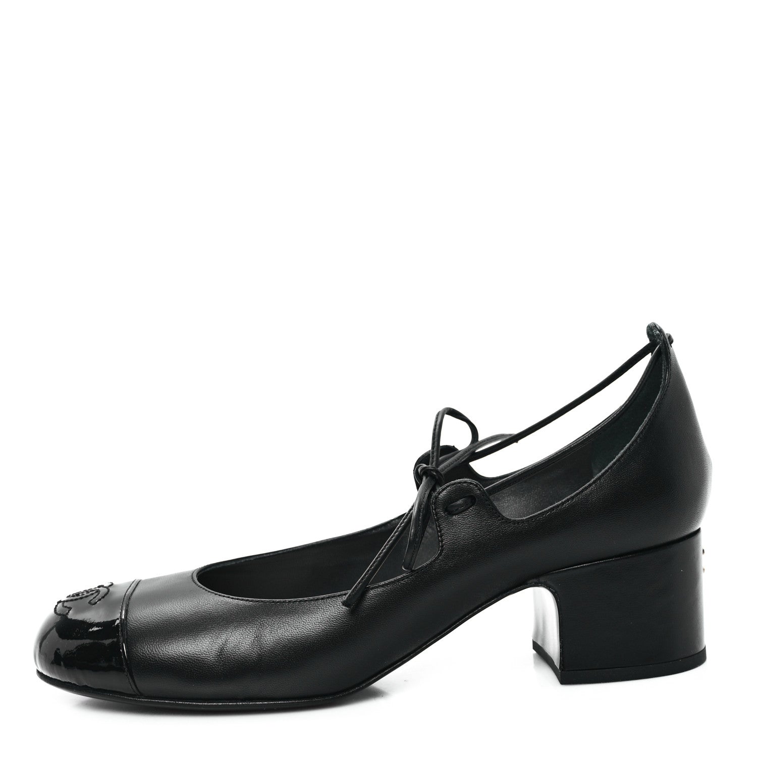 Lambskin Patent Cap Toe CC Mary Jane Pumps 38 Black